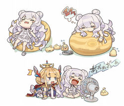  2girls :&gt; :o =_= ^^^ all_fours azur_lane ball bean_bag_chair bird blonde_hair blue_eyes blunt_bangs blush blush_stickers cape chibi chick closed_eyes commentary_request double_bun dress electric_fan exercise_ball fan_speaking grey_hair hair_bun headgear hot indian_style itsuki_tasuku jupiter_(planet) le_malin_(azur_lane) le_malin_(sleepy_sunday)_(azur_lane) le_triomphant_(azur_lane) long_hair looking_at_another lying lying_on_ball manjuu_(azur_lane) multiple_girls multiple_views official_alternate_costume on_back on_stomach robotic_vacuum_cleaner sandals shadow short_hair simple_background single_sandal sitting sleeping sundress sweat unworn_sandals very_long_hair white_background white_dress zzz 