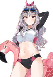  arm_behind_head blush breasts commentary_request eyewear_on_head female groin highres idolmaster idolmaster_(classic) inflatable_toy long_hair looking_at_viewer navel purple_eyes shijou_takane simple_background smile solo sunglasses tuxedo_de_cat 