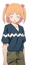  absurdres annoyed blush casual closed_eyes female female gorgonzola_makoto hair_between_eyes harusaki_chiwa highres official_art open_mouth orange_hair ore_no_kanojo_to_osananajimi_ga_shuraba_sugiru pants scan short_hair short_sleeves solo standing tomboy two_side_up white_background 