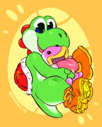  2019 clothing digital_media_(artwork) duo footwear green_yoshi hi_res mario_bros nintendo open_mouth poochy shoes smile tongue yoshi zummeng 