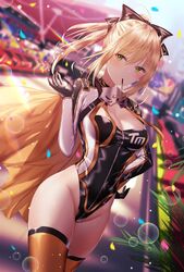  artoria_pendragon_(fate) black_ribbon blonde_hair blue_sky blurry blurry_background bokeh breasts bubble cape cleavage clothes_hanger colorful confetti day depth_of_field fate/grand_order fate/unlimited_codes fate_(series) female floating_hair food full-length_zipper green_eyes groin hair_ribbon hand_on_own_hip hand_up highleg highleg_leotard junpaku_karen leotard looking_at_viewer medium_breasts mouth_hold orange_thighhighs outdoors plant pocky ponytail race_queen racetrack racing racing_suit rainbow ribbon saber_(fate) saber_(type-moon_racing)_(fate) shrug_(clothing) sidelocks sky solo thighhighs thighs zipper 