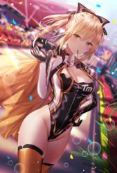  absurdres alternate_costume artoria_pendragon_(fate) black_ribbon blonde_hair blue_sky blurry blurry_background bokeh breasts bubble cape cleavage clothes_hanger colorful commentary_request confetti day depth_of_field fate/grand_order fate/unlimited_codes fate_(series) female floating_hair food full-length_zipper green_eyes groin hair_ribbon hand_on_own_hip hand_up highleg highleg_leotard highres junpaku_karen leotard looking_at_viewer medium_breasts mouth_hold orange_thighhighs outdoors plant pocky ponytail race_queen racetrack racing racing_suit rainbow ribbon saber_(fate) saber_(type-moon_racing)_(fate) shrug_(clothing) sidelocks sky solo thighhighs thighs zipper 