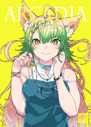  absurdres ahoge animal_ear_fluff animal_ears atalanta_(fate) bare_shoulders belt_collar blue_collar blue_dress blue_nails braid brown_hair cat_ears closed_mouth collar collared_shirt commentary_request dress dress_shirt dyed_bangs fate/apocrypha fate_(series) female fingernails green_eyes green_hair hair_between_eyes hair_ornament hairclip hands_up highres holding kirishina_(raindrop-050928) long_hair multicolored_hair nail_polish photoshop_(medium) shirt simple_background sleeveless sleeveless_shirt slit_pupils smile solo strapless two-tone_hair upper_body very_long_hair white_shirt yellow_background 