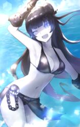  abyssal_ship bad_id bad_pixiv_id bikini black_bikini black_gloves black_hair breasts chains colored_skin double_bun female gauntlets gloves glowing glowing_eyes hair_bun highres kantai_collection lens_flare light_cruiser_oni long_hair medium_breasts navel ocean oerba_yun_fang one_eye_closed open_mouth pale_skin shaded_face shiny_clothes sidelocks smile solo standing standing_on_liquid sunlight swimsuit weasel_(close-to-the-edge) wet wet_clothes white_skin 