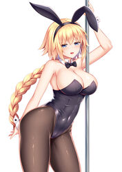  absurdres animal_ears black_hairband black_leotard black_pantyhose blonde_hair blue_eyes braid breasts commentary_request covered_navel detached_collar fake_animal_ears fate/apocrypha fate/grand_order fate_(series) female hairband highres jeanne_d&#039;arc_(fate) jeanne_d&#039;arc_(ruler)_(fate) large_breasts leotard long_braid long_hair pantyhose playboy_bunny pole rabbit_ears simple_background single_braid solo strapless strapless_leotard very_long_hair white_background wrist_cuffs yuunagi_(0217) 