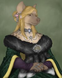  blonde_hair bones_(deermary) brown_eyes clothed clothing collar deermary dress ear_piercing ear_ring female fur_coat hair hyena jewelry looking_at_viewer mammal mature_female piercing portrait ring ring_piercing solo spotted_hyena victorian 