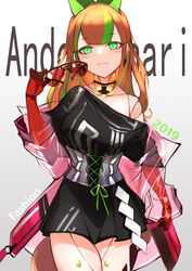  absurdres andou_inari andou_inari_official bare_shoulders black_dress breasts brown-framed_eyewear brown_hair character_name choumi_wuti_(xueye_fanmang_zhong) closed_mouth collarbone commentary corset cowboy_shot doll_joints dress elbow_gloves english_commentary female gloves gradient_background green_eyes green_hair grey_background highres holding holding_removed_eyewear joints long_hair medium_breasts multicolored_hair off_shoulder over-rim_eyewear red-tinted_eyewear red_gloves see-through semi-rimless_eyewear shide solo streaked_hair sunglasses text_background tinted_eyewear unworn_eyewear virtual_youtuber white_background 