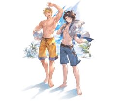  2boys ;d abs alpha_transparency arm_up barefoot belt black_hair blonde_hair blue_sky full_body granblue_fantasy groin jacket lancelot_(granblue_fantasy) looking_at_viewer male_focus male_swimwear minaba_hideo mullet multiple_boys no_nipples official_alternate_costume official_art one_eye_closed open_mouth outstretched_hand palm_tree parted_lips pectorals sky smile swim_trunks toenails toes transparent_background tree vane_(granblue_fantasy) vane_(summer)_(granblue_fantasy) volleyball white_jacket 