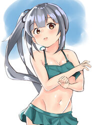  bikini bikini_skirt black_ribbon breasts brown_eyes cleavage collarbone commentary_request cowboy_shot crossed_arms female green_bikini grey_hair groin hair_ribbon highres kantai_collection kasumi_(kancolle) kasumi_kai_ni_(swimsuit_mode)_(kancolle) long_hair looking_at_viewer navel ribbon side_ponytail small_breasts solo soujou_motona swimsuit two-tone_background white_background 