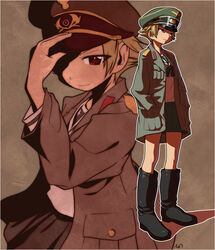  adjusting_clothes adjusting_headwear artist_name black_bow black_bowtie black_footwear blonde_hair boots bow bowtie brown_eyes brown_jacket closed_mouth commentary erwin_(girls_und_panzer) female girls_und_panzer goggles goggles_on_headwear green_headwear half-closed_eyes hands_in_pockets hat jacket long_sleeves looking_at_viewer military_hat military_jacket multiple_views ooarai_school_uniform open_clothes open_jacket peaked_cap pointy_hair school_uniform short_hair signature smile standing tessaku_ro 