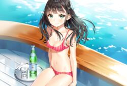  ancotaku aqua_eyes bare_arms bare_shoulders bikini black_hair breasts cleavage closed_mouth collarbone commentary_request cup drinking_glass female floating_hair long_hair looking_at_viewer medium_breasts navel original pink_bikini sidelocks sitting skindentation smile solo stomach striped_bikini striped_clothes swimsuit thighs tray water wet 