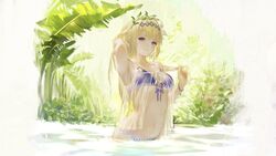  adjusting_hair arm_up armpits babydoll bare_shoulders bikini blonde_hair blue_eyes bracelet branch collarbone commentary female front-tie_bikini_top front-tie_top granblue_fantasy hair_intakes hairband jeanne_d&#039;arc_(granblue_fantasy) jeanne_d&#039;arc_(summer)_(granblue_fantasy) jewelry leaf long_hair n.a. navel official_alternate_costume purple_bikini see-through solo swimsuit wading 