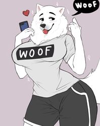  2019 absurd_res anthro big_breasts black_nose blush bottomwear breasts canid canine canis cellphone clothed clothing domestic_dog electronics english_text female fingers fluffy fluffy_tail fur heart_symbol hi_res holding_object hotpants huge_breasts josun looking_at_viewer mammal nordic_sled_dog pants phone samoyed shirt shorts simple_background smile snout solo speech_bubble spitz standing tail text thick_thighs tongue tongue_out topwear white_body white_fur 