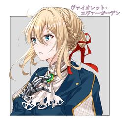  ascot blonde_hair blue_eyes blue_jacket blush braid brooch character_name commentary copyright_name female from_side hair_between_eyes hair_intakes hair_ribbon highres jacket jewelry mechanical_hands parted_lips prosthesis prosthetic_hand red_ribbon ribbon sidelocks single_mechanical_hand solo takenoko_27074918 translated upper_body violet_evergarden violet_evergarden_(series) white_ascot 