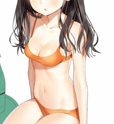  :o ancotaku bad_id bad_twitter_id bare_arms bare_shoulders bikini black_hair breasts cleavage collarbone commentary_request female head_out_of_frame long_hair medium_breasts navel orange_bikini original parted_lips simple_background solo stomach swimsuit thighs white_background 