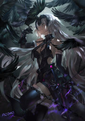  ahoge armor armored_dress aura azomo backlighting bird breasts chains cleavage commentary_request crow dress fate/grand_order fate_(series) female fur-trimmed_gloves fur-trimmed_legwear fur_trim gauntlets gloves hair_between_eyes half-closed_eyes headpiece highres jeanne_d&#039;arc_alter_(avenger)_(fate) jeanne_d&#039;arc_alter_(avenger)_(third_ascension)_(fate) jeanne_d&#039;arc_alter_(fate) large_breasts long_hair partial_commentary photoshop_(medium) smile solo sword thighhighs tsurime weapon white_hair yellow_eyes 