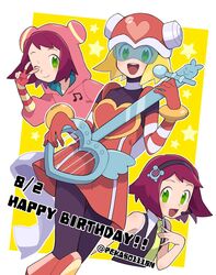  bad_id bad_twitter_id blonde_hair blush commentary_request dated em_wave_change_(mega_man) female fingerless_gloves gloves green_eyes guitar hairband happy_birthday harp_note_(mega_man) heart helmet highres holding holding_instrument hood hoodie idol instrument looking_at_viewer mega_man_(series) mega_man_star_force microphone necktie one_eye_closed open_mouth pekaso1118n smile sonia_strumm_(mega_man) star_(symbol) twitter_username yellow_background 