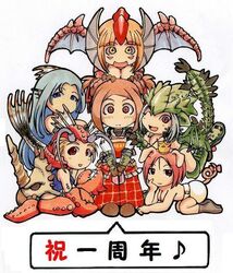  6+girls 6girls blue_hair bow breasts brown_hair capcom cosplay crown daimyo_hermitaur lao-shan_lung_(armor) monster_girl monster_hunter multiple_girls personification pig pink_hair plesioth poogie rathian red_hair yian_kut-ku 