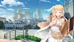  :d artist_request bare_shoulders blonde_hair blue_sky breasts building castle city cleavage closed_eyes cloud cloudy_sky day dmm dress facing_viewer female flower fountain gate gem girls_symphony hair_flower hair_ornament highres holding holding_instrument instrument jewelry koto_(instrument) long_hair medium_breasts necklace open_mouth outdoors palace railing sky skyline smile solo stairs tree white_dress 