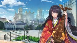  biwa_lute black_hair blue_sky blunt_bangs blush building castle city closed_eyes cloud cloudy_sky colorful day dmm facing_viewer female fountain gate girls_symphony highres instrument japanese_clothes karaginu_mo kimono layered_clothes layered_kimono long_hair long_sleeves lute_(instrument) lute_(shino) multicolored_clothes multicolored_kimono outdoors palace railing red_kimono sky skyline smile solo stairs tree wide_sleeves 