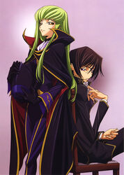  1boy absurdres ashford_academy_school_uniform black_hair brown_hair c.c. cape chiba_yuriko code_geass cosplay female frown green_hair helmet highres lelouch_vi_britannia long_hair purple_eyes scan school_uniform short_hair sitting smirk uniform yellow_eyes zero_(code_geass) zero_(code_geass)_(cosplay) 