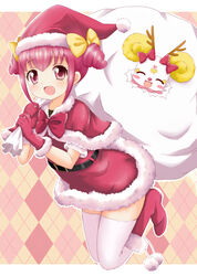  :d ^_^ antlers argyle_background belt blush blush_stickers bow candy_(smile_precure!) capelet christmas closed_eyes commentary_request drill_hair female gloves hat holding horns hoshizora_miyuki legs_up open_mouth outline pink_bow precure red_capelet red_eyes red_gloves red_hair sack santa_costume santa_hat smile smile_precure solo tamago_kago thighhighs twin_drills twintails white_thighhighs 