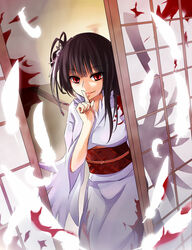  bird black_hair blood commentary_request crane_(animal) dutch_angle empty_eyes feathers female finger_to_mouth hair_ornament highres japanese_clothes kimono kneeling knife light_smile lips long_hair looking_at_viewer nata_(tool) original personification princess_royale red_eyes shiroi_neko_(okenoris) sliding_doors solo tatami tsuru_no_ongaeshi white_kimono 