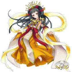  :&lt; amaterasu_(mythology) angry barefoot blood_of_dragon blush circlet commentary_request detached_sleeves female forehead_jewel hakama hakama_skirt headdress japanese_clothes jewelry long_hair miko musora necklace obi official_art orange_hakama photoshop_(medium) robe sash skirt solo tied_hair yellow_eyes 