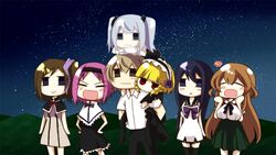  1boy 6+girls asymmetrical_hair black_hair blonde_hair brown_hair carrying chibi commentary_request everyone ghost gokukoku_no_brynhildr hair_ornament hairclip hands_on_own_hips headband kazumi_schlierenzauer kuroha_neko long_hair multiple_girls murakami_ryouta night night_sky open_mouth piggyback pink_hair rinnya sky smile star_(sky) tachibana_kana takatori_kotori tokou_nanami twintails very_long_hair wakabayashi_hatsuna yawning 