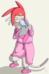  2013 alien ambiguous_gender anthro bathrobe betelgeusian clothed clothing drinking electronics felid footwear fur hat headgear headwear mammal meow_(space_dandy) pangopotion robe shoes slippers solo space_dandy tablet tablet_computer whiskers white_body white_fur 