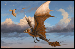  beak black_body black_border black_scales blue_sky border brown_body brown_scales cloud day dragon duo feral flying horn male membrane_(anatomy) membranous_wings mythological_creature mythological_scalie mythology outside scales scalie side_view sky skyscape solo_focus striped_body stripes tail tina_leyk traditional_media_(artwork) wings 