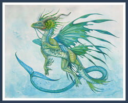  ambiguous_gender blue_body blue_border blue_scales border claws dragon feral green_body green_scales horn long_tail male marine mythological_creature mythological_scalie mythology scales scalie simple_background solo tail tina_leyk traditional_media_(artwork) watermark whiskers white_background wing_claws wings 