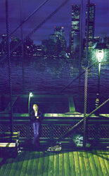  3d aya_brea blonde_hair city cloud denim female jeans lamppost new_york night outdoors pants parasite_eve skyline skyscraper solo twin_towers water 