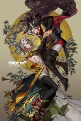  2girls black_hair blackbird carciphona commentary floral_print highres multiple_girls official_art shilin veloce_visrin white_hair 