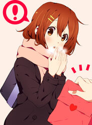  ! :o bad_id bad_pixiv_id bag blowing blush brown_eyes brown_hair cold female girock heart hirasawa_yui holding k-on! scarf short_hair simple_background solo white_background 