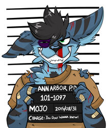  2015 anthro bandage beat_up big_ears black_body black_fur black_nose black_stripes blood blue_body blue_fur bodily_fluids bruised digital_media_(artwork) english_text fatigue_(artist) front_view fur green_eyes hair half-length_portrait holding_object holding_sign hybrid jail_placard lombax male mammal mephitid mojo_(skunkbax)_(mojoskunk) mugshot number paws placard portrait ratchet_and_clank short_hair sign skunk solo sony_corporation sony_interactive_entertainment stripes text wounded 