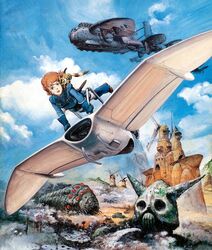  1980s_(style) :d aircraft airplane androgynous blue_gloves blue_sky boots brown_eyes brown_footwear brown_hair building cloud creature creature_on_shoulder day fantasy female flying giant_insect gloves kaze_no_tani_no_nausicaa looking_at_viewer machinery monster nausicaa official_art on_shoulder open_mouth painting_(medium) pet promotional_art realistic retro_artstyle scan science_fiction shoes short_hair skull sky smile takani_yoshiyuki teto_(nausicaa) traditional_media windmill 