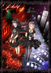  2girls akemi_homura akemi_homura_(black_dress) asami_saki barefoot black_gloves black_hair black_pantyhose closed_eyes commentary_request divinebuster12 dress fire flower flower_pot funeral_dress glasses gloves guillotine hairband highres holding holding_flower_pot homulilly lily_of_the_valley long_hair mahou_shoujo_kazumi_magica mahou_shoujo_madoka_magica mahou_shoujo_madoka_magica:_hangyaku_no_monogatari multiple_girls pantyhose plant plejaden_von_asunaro potted_plant purple_hair red_flower semi-rimless_eyewear short_hair smile spider_lily spoilers stocks trait_connection under-rim_eyewear white_flower yellow-framed_eyewear 