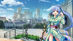  :d blue_hair blue_sky blush building cane castle city cloud cloudy_sky day dmm dress female fountain gate girls_symphony green_dress green_eyes hair_ornament hand_up happy highres holding juliet_sleeves long_hair long_sleeves looking_at_viewer open_mouth outdoors palace ponytail puffy_sleeves railing sky skyline smile solo stairs standing tree very_long_hair wind wind_lift 