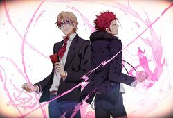  2boys back-to-back brown_hair cellphone cigarette commentary_request jacket k-project kusanagi_izumo md5_mismatch multiple_boys phone red_hair short_hair smartphone sunglasses suoh_mikoto yun_(neo) 