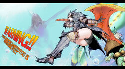  air_bubble alternate_color armor armored_skirt ass axe boots bubble cha-cha commentary_request darius_(series) english_text engrish_text female fish fujiwara_hisashi gauntlets helmet highres huge_weapon letterboxed monster monster_hunter_(series) monster_hunter_3 ocean parody photoshop_(medium) plesioth ranguage rathalos_(armor) revision skirt swimming switch_axe underwater vambraces weapon 