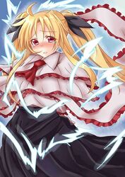  alternate_costume ascot bad_id bad_pixiv_id blonde_hair blush bow capelet chan_(akuty_ikkot) commentary_request cosplay fate_testarossa female hairbow long_hair lyrical_nanoha nagae_iku nagae_iku_(cosplay) red_eyes shawl shirt skirt solo sparks tears touhou trait_connection twintails very_long_hair 