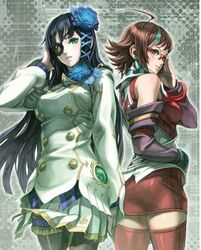  2girls adjusting_eyewear ahoge akikazu_mizuno back-to-back bare_shoulders black_hair brown_hair earrings elbow_gloves eyepatch glasses gloves gold_trim green_eyes hair_ornament hand_up huge_ahoge jewelry long_hair long_sleeves looking_at_viewer miniskirt multicolored_hair multiple_girls nagisa_(psp2i) one_eye_covered pantyhose parted_lips phantasy_star phantasy_star_portable_2 phantasy_star_portable_2_infinity red-framed_eyewear red_eyes red_ring_rico rimless_eyewear short_hair skirt sleeves_past_wrists source_request thighhighs very_long_hair zettai_ryouiki 