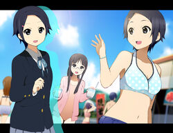  2girls :d bikini bikini_top_only black_eyes black_hair commentary_request denim denim_shorts drink extra glasses jacket k-on! kakiuchi_itsuki long_hair mole mole_under_mouth multiple_girls navel one-piece_swimsuit open_mouth polka_dot round_teeth sakurai_natsuka short_hair shorts smile swimsuit takahashi_fuuko teeth waving 