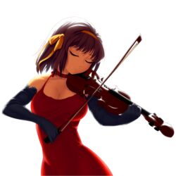  absurdres arantheus black_gloves breasts brown_hair choker cleavage closed_eyes dress elbow_gloves female formal gloves hairband highres instrument large_breasts music orange_hairband playing_instrument red_dress short_hair solo suzumiya_haruhi suzumiya_haruhi_no_yuuutsu transparent_background violin 