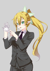  bad_id bad_pixiv_id blonde_hair braid breasts cigarette contemporary elf female formal gloves green_eyes inui_sanagi large_breasts leafa long_hair long_pointy_ears photoshop_(medium) pointy_ears ponytail side_braid solo suit sword_art_online twin_braids very_long_hair 