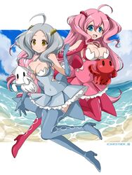  2girls ahoge bad_id bad_pixiv_id bare_shoulders beach blue_eyes boots breasts cleavage dress elbow_gloves gloves grey_hair hair_ornament highres long_hair looking_at_viewer medium_breasts multiple_girls octopus open_mouth original pink_hair sand smile squid syno thigh_boots thighhighs very_long_hair water yellow_eyes 