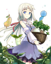  basket blue_eyes blush circlet commentary_request creature detached_sleeves dress female flower hair_ribbon holding katase_yuu lily_of_the_valley long_hair looking_at_viewer mist_(rune_factory) parted_bangs plant ponytail revision ribbon rune_factory rune_factory_1 rune_factory_frontier runey smile tiara turnip white_flower white_hair 