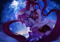  2girls alternate_costume bare_shoulders blush commentary english_commentary face-to-face gloves highres jinx_(league_of_legends) league_of_legends long_hair lux_(league_of_legends) magical_girl md5_mismatch multiple_girls one_eye_closed open_mouth rebyo self-upload smile star_guardian_(league_of_legends) star_guardian_jinx star_guardian_lux yuri 