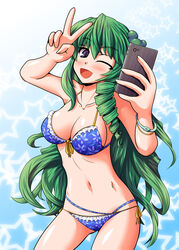  bikini blue_bikini blush bracelet breasts cellphone cleavage collarbone commentary_request female frog_hair_ornament front-tie_top fue_(fuef) green_hair grey_eyes hair_ornament jewelry kochiya_sanae large_breasts long_hair navel one_eye_closed open_mouth ouroboros phone selfie side-tie_bikini_bottom smartphone smile snake solo standing star_(symbol) swimsuit touhou v very_long_hair 